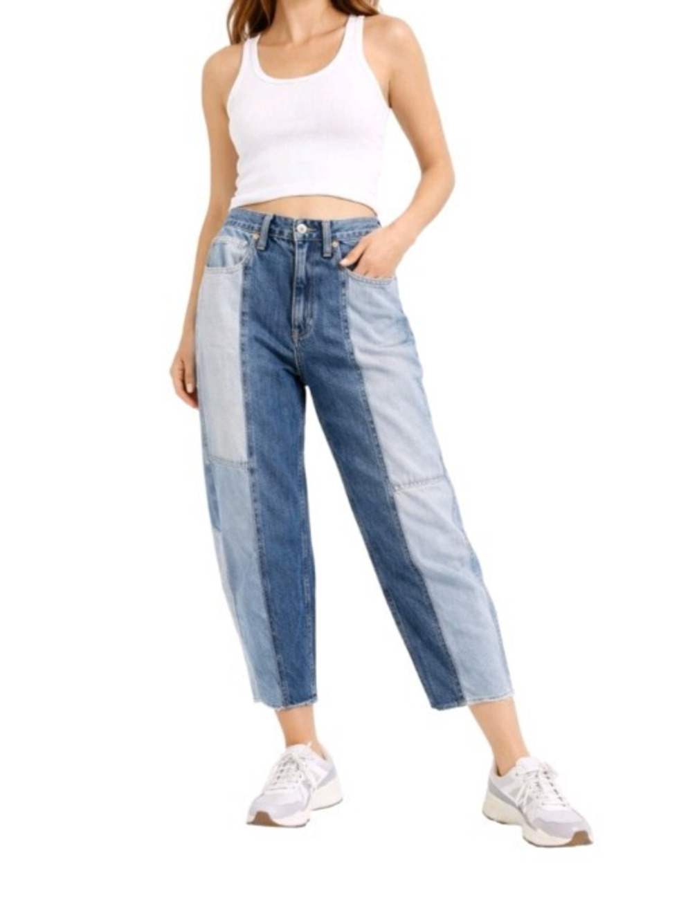 GAP Barrel High Rise Patchwork Jeans Women Size 29 Tappered Raw Hem Colorblock.